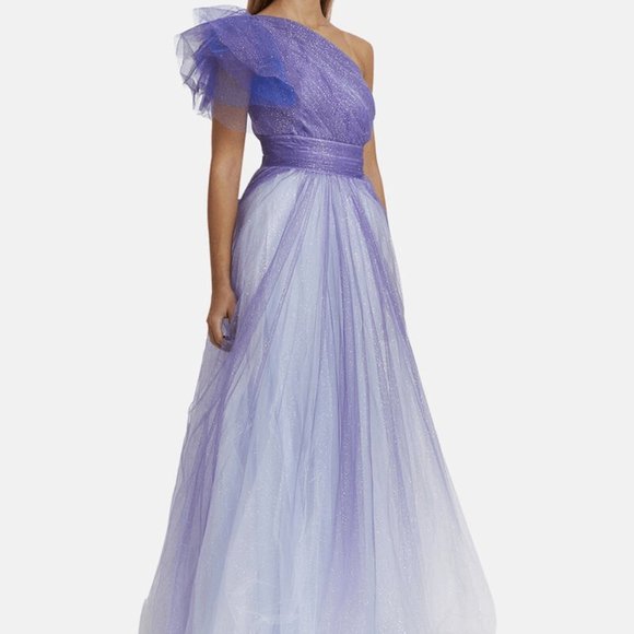 NWT MAC DUGGAL GLITTER ROYAL PURPLE OMBRE RUFFLED ONE SHOULDER BALLGOWN 4 20377 - Picture 4 of 7